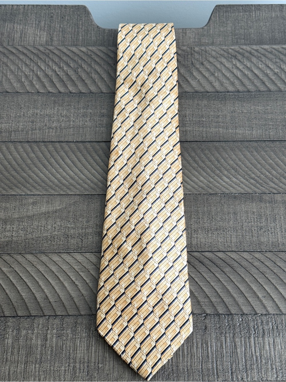 Vintage Stafford Silk Neck Tie in Gold/Black/Blue Geometric Pattern